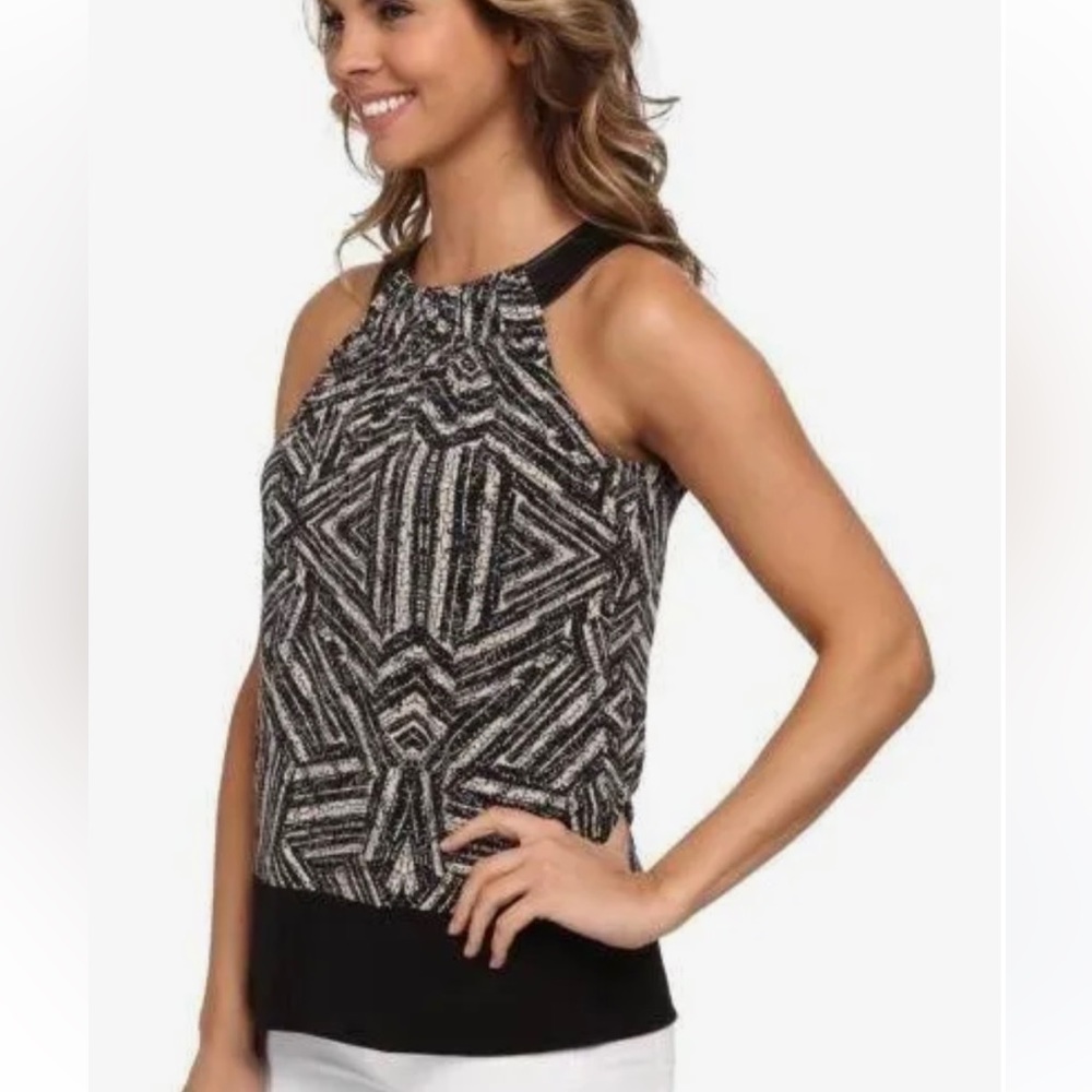 Calvin Klein Sleeveless Racerback Tunic Blouse with Faux Leather Shoulder Straps